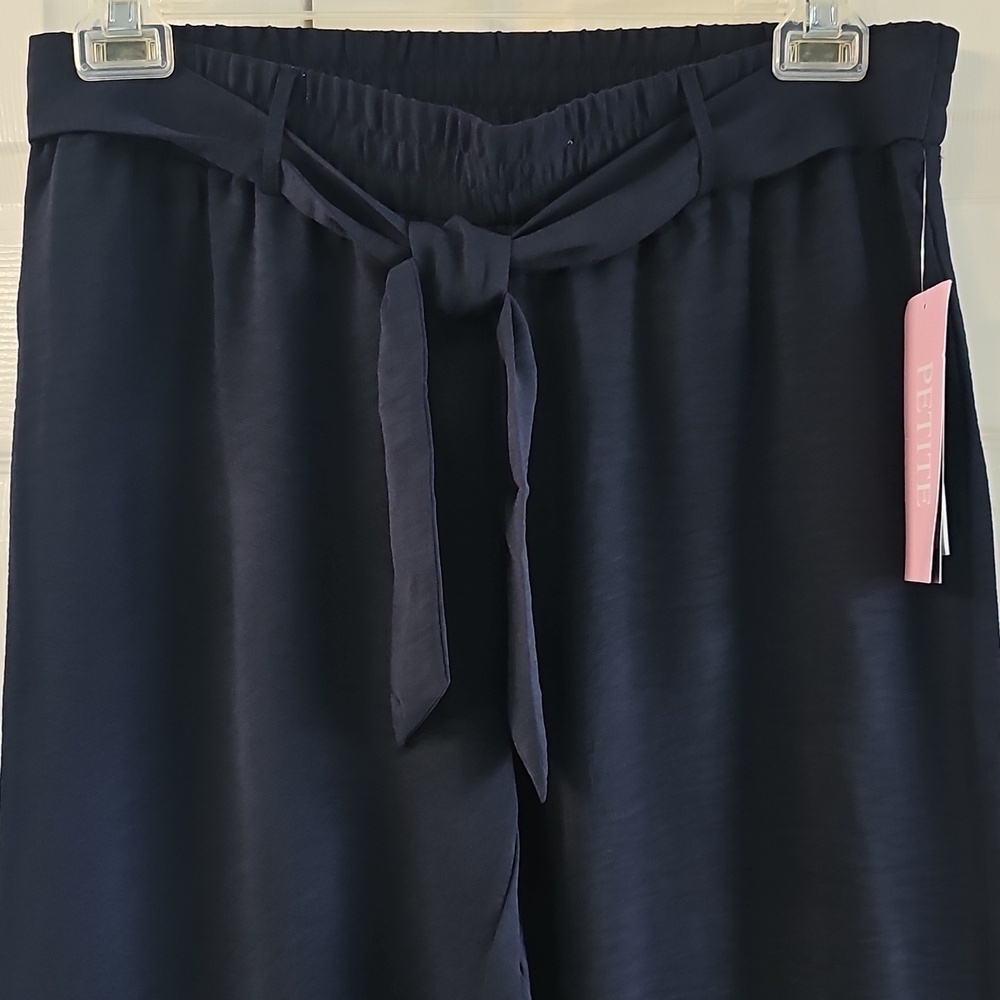 NWT New York Clothing CO Wide Leg Pull On Belted W Tie Petite Large (PL) Navy - Picture 3 of 16
